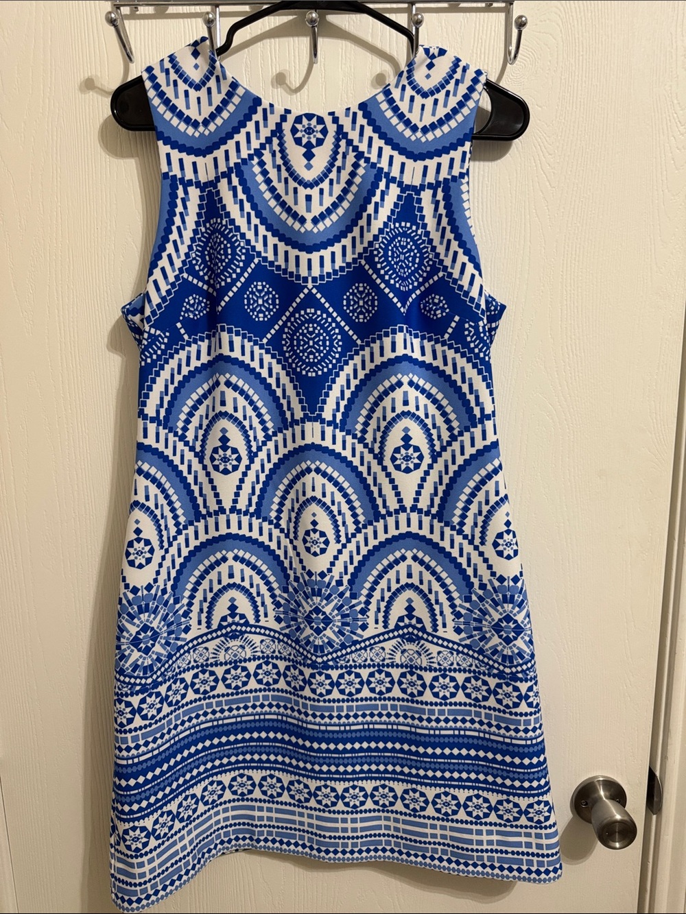 Just Taylor Dress Womens Size 12 Blue White Geometric Boho Sleeveless Mini Shift